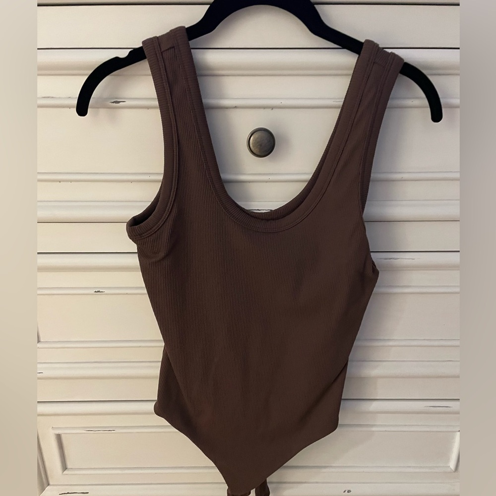 Nuuds Ribbed Scoop Tank Bodysuit in Coffee - Small